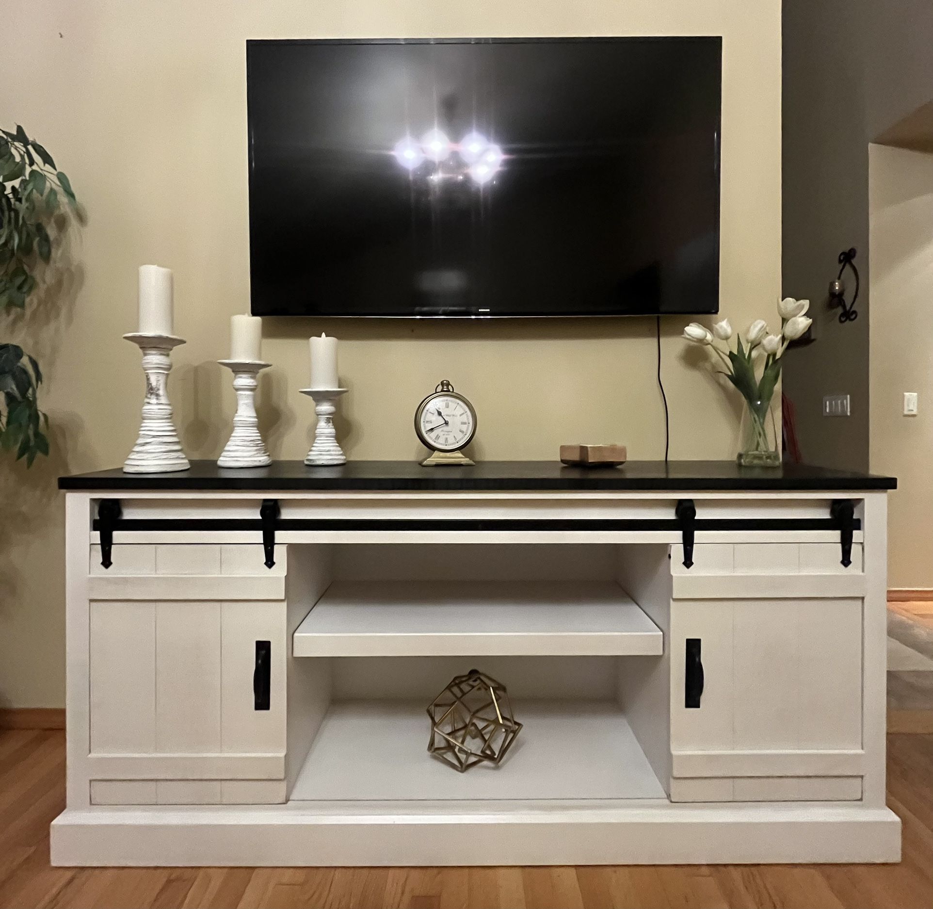 Media console tv stand, black & white, steel & oak wood, 72L x 17W x 33H