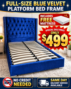 New in box blue velvet full size platform bed frame with FREE FULL MATTRESS