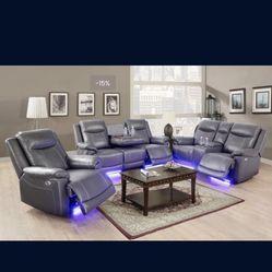 Power Electric Grey Leather Fully Reclining Couch Set 