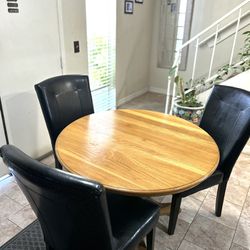 Kitchen Dining Solid Wood Table With 2 Black Leather Chairs  42” Top. X 29” H 