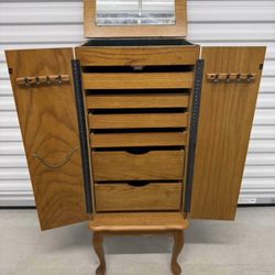 Large Oak Jewelry Armoire (40” Tall) - Repair Needed