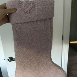 pink plush faux fur Christmas stocking. 