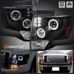 Black Fits 2009-2014 Ford F150 LED Halo Projector Headlights Lamps Left+Right