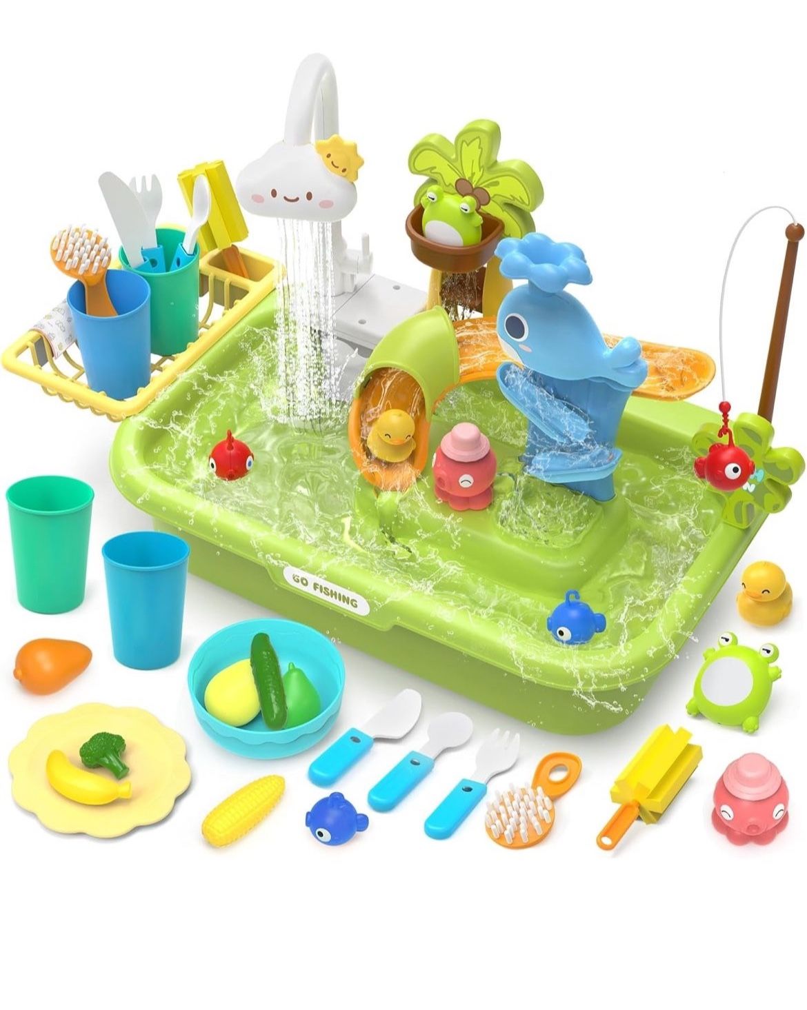 Play Sink with Running Water, 4-in-1 Kids Kitchen Sink Toys with Electric Faucet, Water Table Floating Pool Toy w/Fishing Game, Duck Slide, Pretend Pl