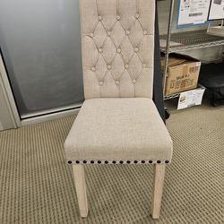 Set of 2 Tufted Upholstered Dining Chairs – Beige Accent Side Chairs – Nailhead Trim