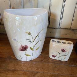 4 Piece Set Floral Trash Can, Toothbrush Holder, Tissue Holder And Crinkle Shower Curtain