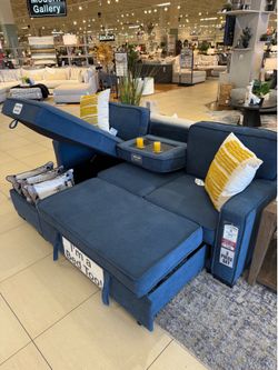 Blue Sofa/Bed Couch with Hidden Storage and pull down cupholders/built in charging ports