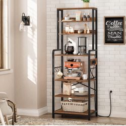 HOOBRO Bakers Rack with Power Outlet, 68.1inch Height Microwave Stand with 4 S-Shaped Hooks, 7-Tier Kitchen Storage Shelf Rack, Coffee Bar, for Kitche