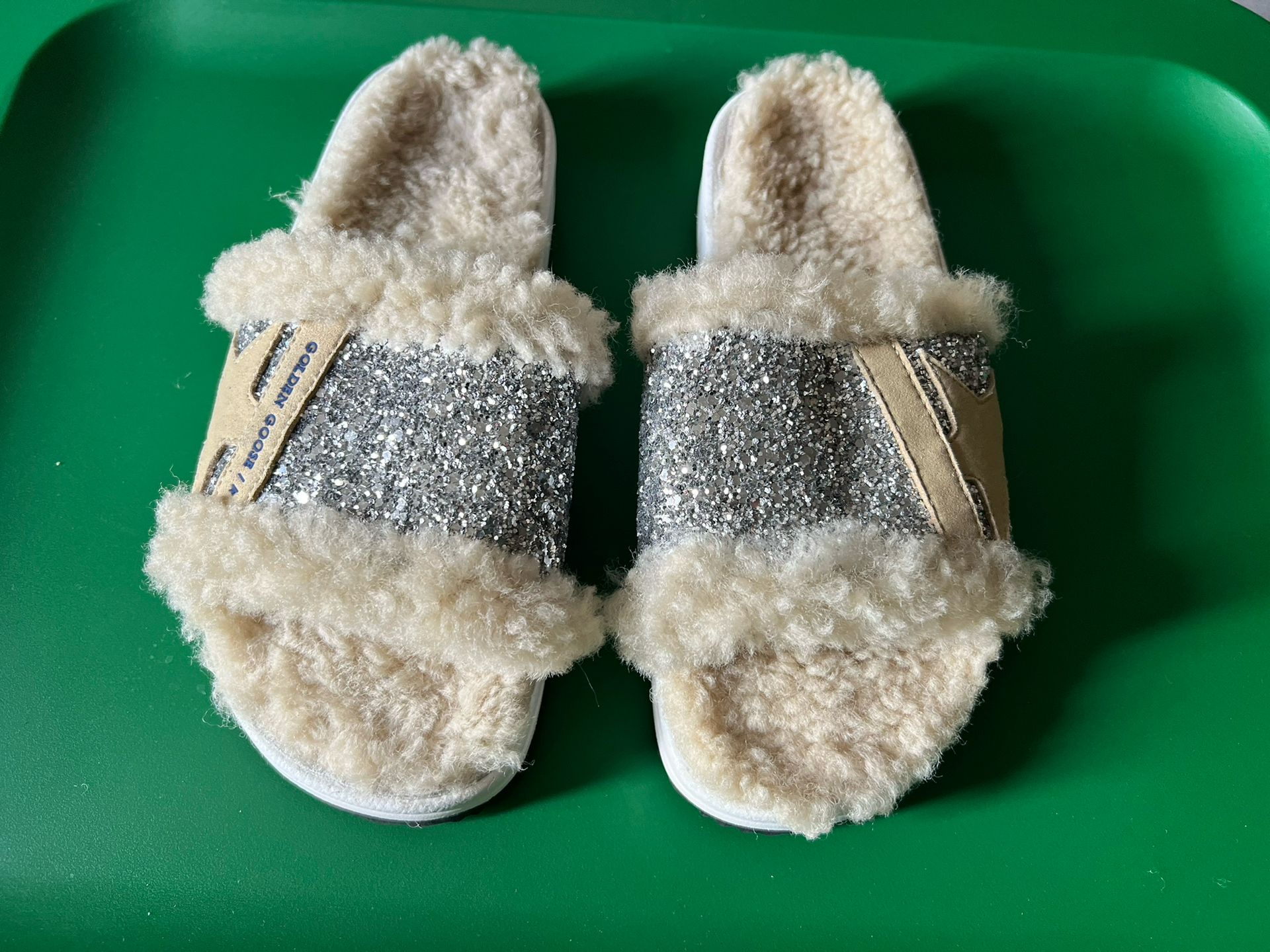 Golden Goose Women's Poolstar Shearling Silver Glitter Slide Sandals Size 38. Us 7.5