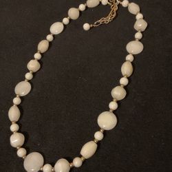 18” Vintage Solid Beige Stone Necklace With Gold Accent Beads And extension 