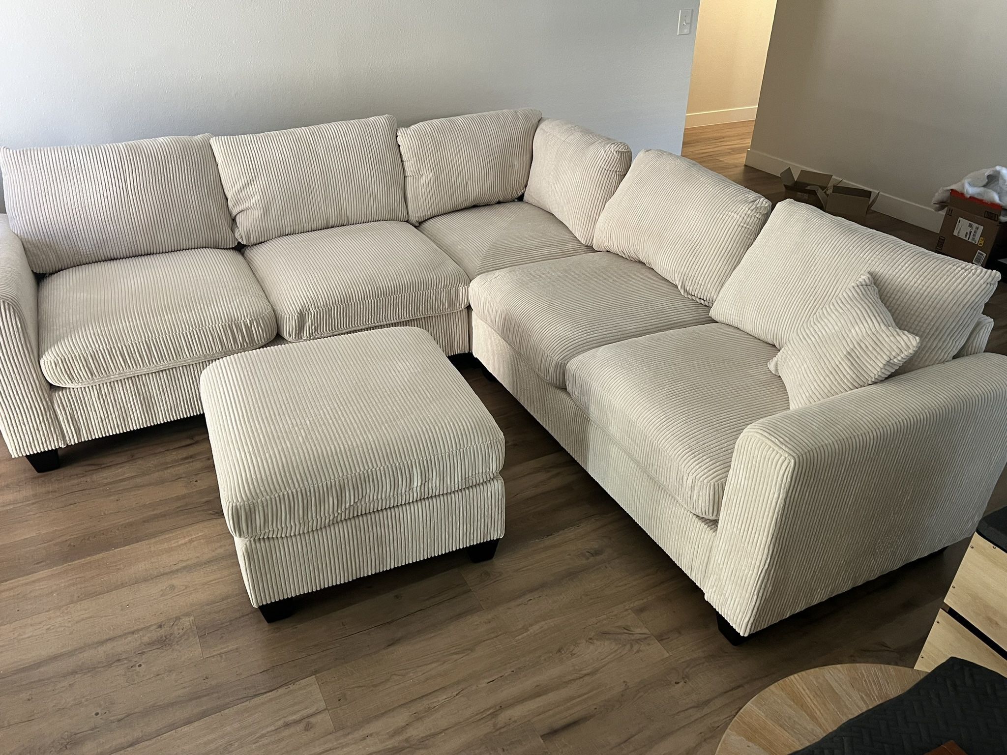 New Corduroy Fabric Sectional. Off White / Beige. 99” X 99”. Free Delivery!