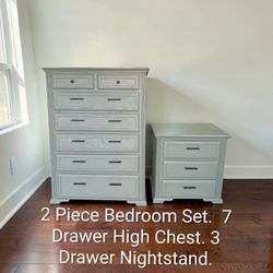 2 piece Bedroom Set: 7 drawer highchest, 3 drawer night stand Sage Green