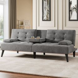New Modern Futon Sofa Bed, Velvet Foldable Couch Reclining Sleeper w/Removable Armrests, Upholstered Loveseat w/Folding Cup Holders for Home, Office, 