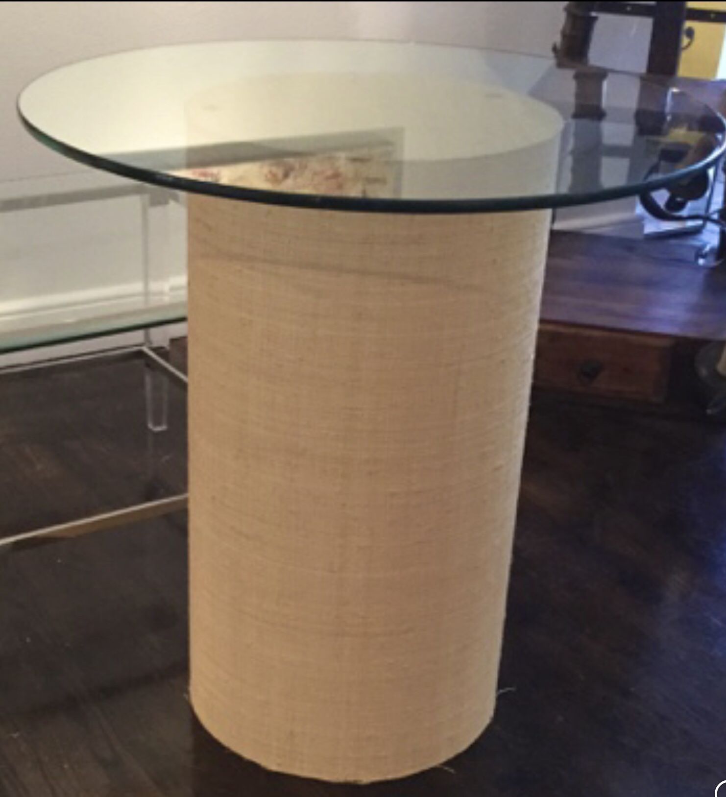 Raffia Wood Table Base. 30” Glass Top Round. Bistro, Dining or Entry Table. 