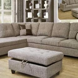 Grey Linen Sectional Couch And Ottoman