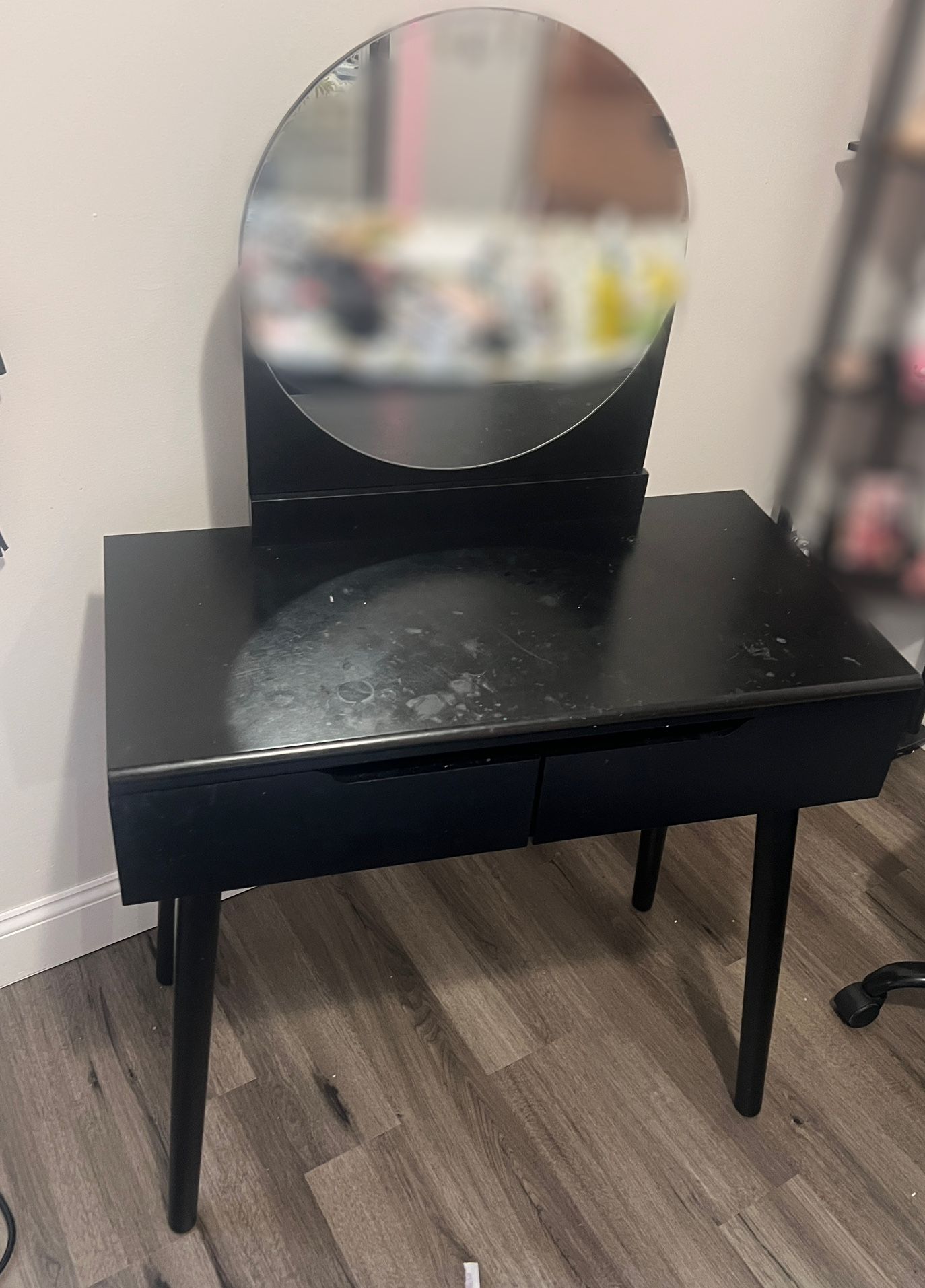 Black Vanity Table with Round Mirror 