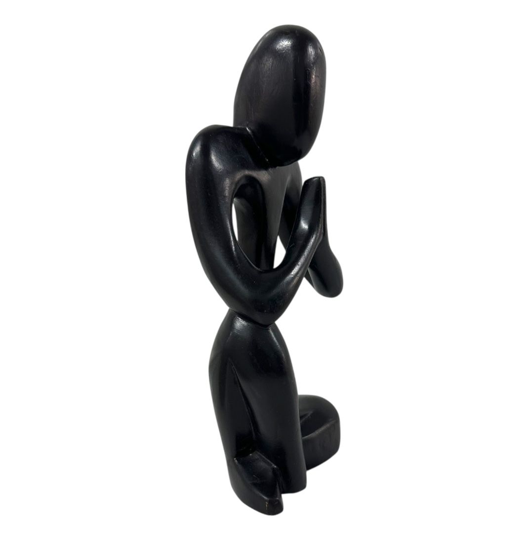 Abstract Minimalist Black Wood Carved Praying Figure Meditation Yoga Zen Decor