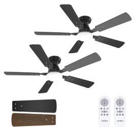 2 Pack 48 Inch Low Profile Ceiling Fans with Lights, Remote, Black Flush Mount, Dimmable & 3CCT, Quiet 6-Speed Reversible DC Motor, Small, Dual-Sided 