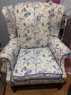 Wingback Armchair Blue Floral Toile Upholstery