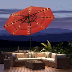 11FT 3 Tiers Patio Umbrella for Outside, Outdoor Umbrella with Solar LED Lights, Market Patio Table Umbrella with 8 Sturdy Ribs, Pool Umbrella for Gar