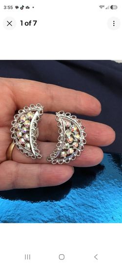 Stunning Silver tone & Crystal Emmons Vintg Half Moon  Clip on Earrings 1-1/2"