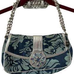 Lulu Women's Purse Handbag Tote  Blue Silver Floral Design Silver Chain Stones  Elevate your style with this stunning Lulu women's purse handbag tote.