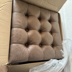 Wovenbyrd Modern Square Button Tufted Ottoman Footstool with Metal Base, 18in. by 18in. Light Brown Faux Leather