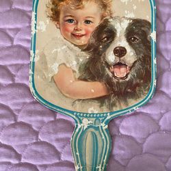 VTG Child with her Dog  Hand Fan Advertising Groceries Gas & Auto Supplies