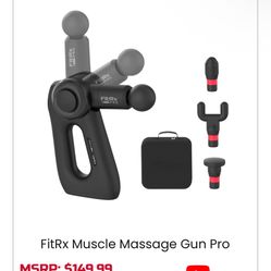 FitRx Pro massage gun. It has multiple speed settings and a digital display showing battery life. Includes interchangeable massage hea