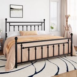 Amolife King Bed Frame, Metal Platform Bed with Vintage Headboard & No Box Spring Needed, Black