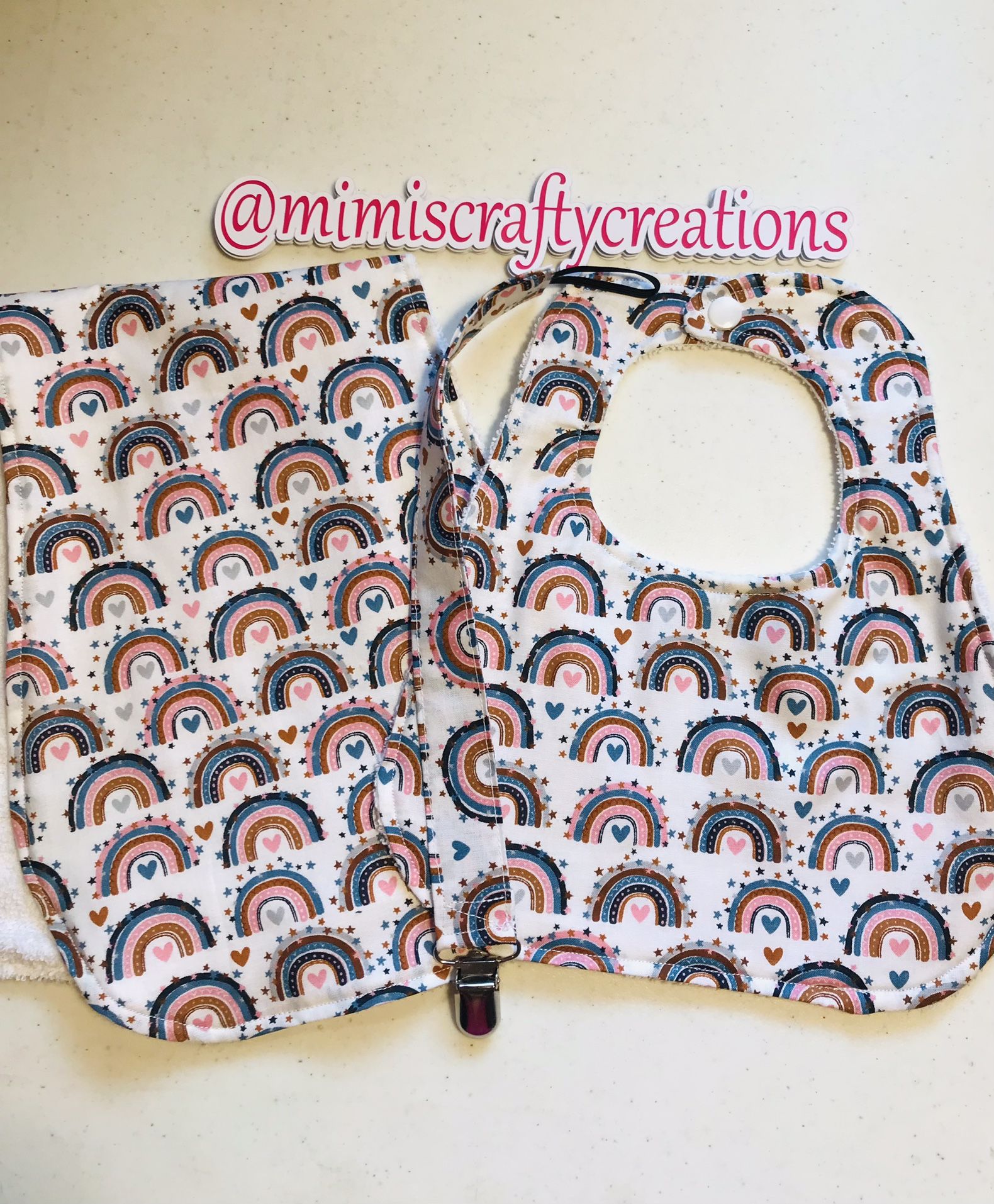 Boho Rainbow With Hearts Bib, Burping Pad & Pacifier Clip Set