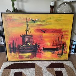 Truart Vintage James Roberts Mid Century MCM Tugboat Painting Print Wall Art- 36” x 48”