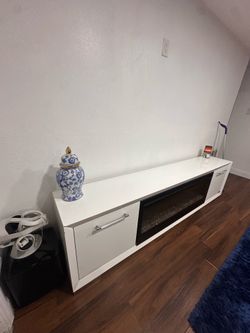 TV Stand with Electric Fireplace & LED Lights White High-Gloss Media Console