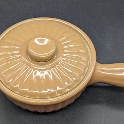 VTG Hull Pottery USA Stoneware Tan Handled Soup Crock Bowls with Lid Rustic EUC