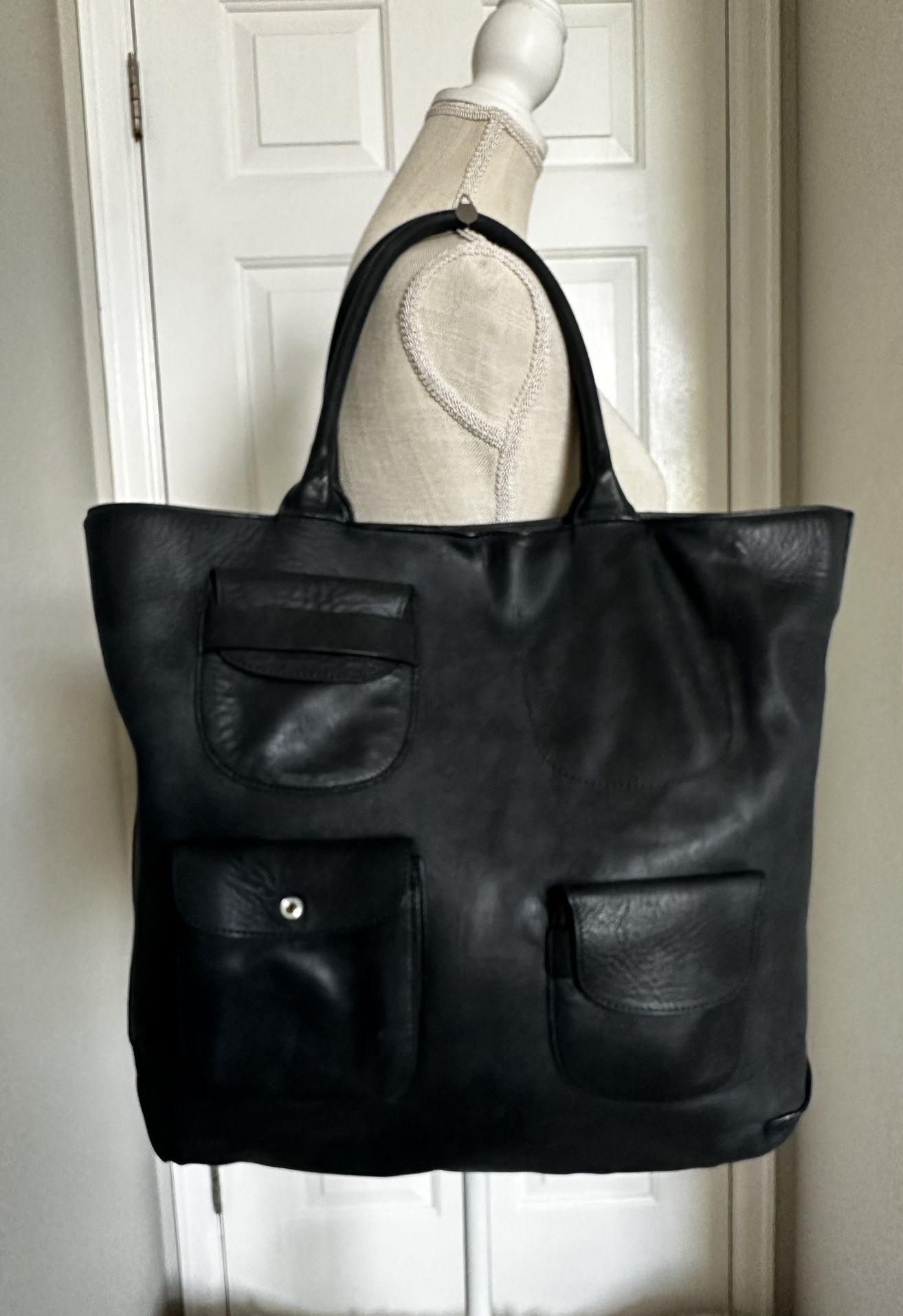 Marni Napa Black Leather Front Pocket Shopper Tote Bag Designer