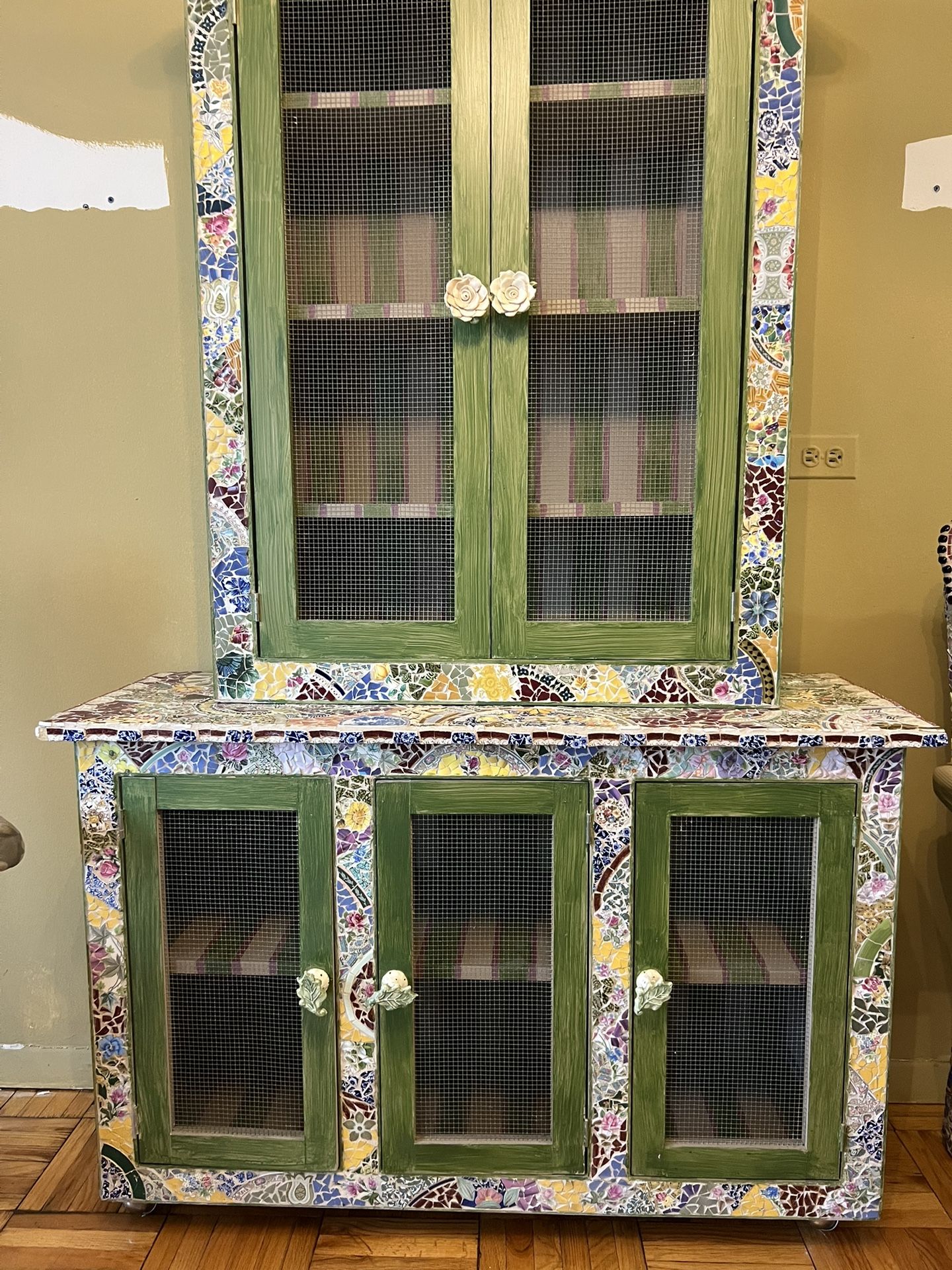 Vintage Mosaic Chair And Two Piece Hutch