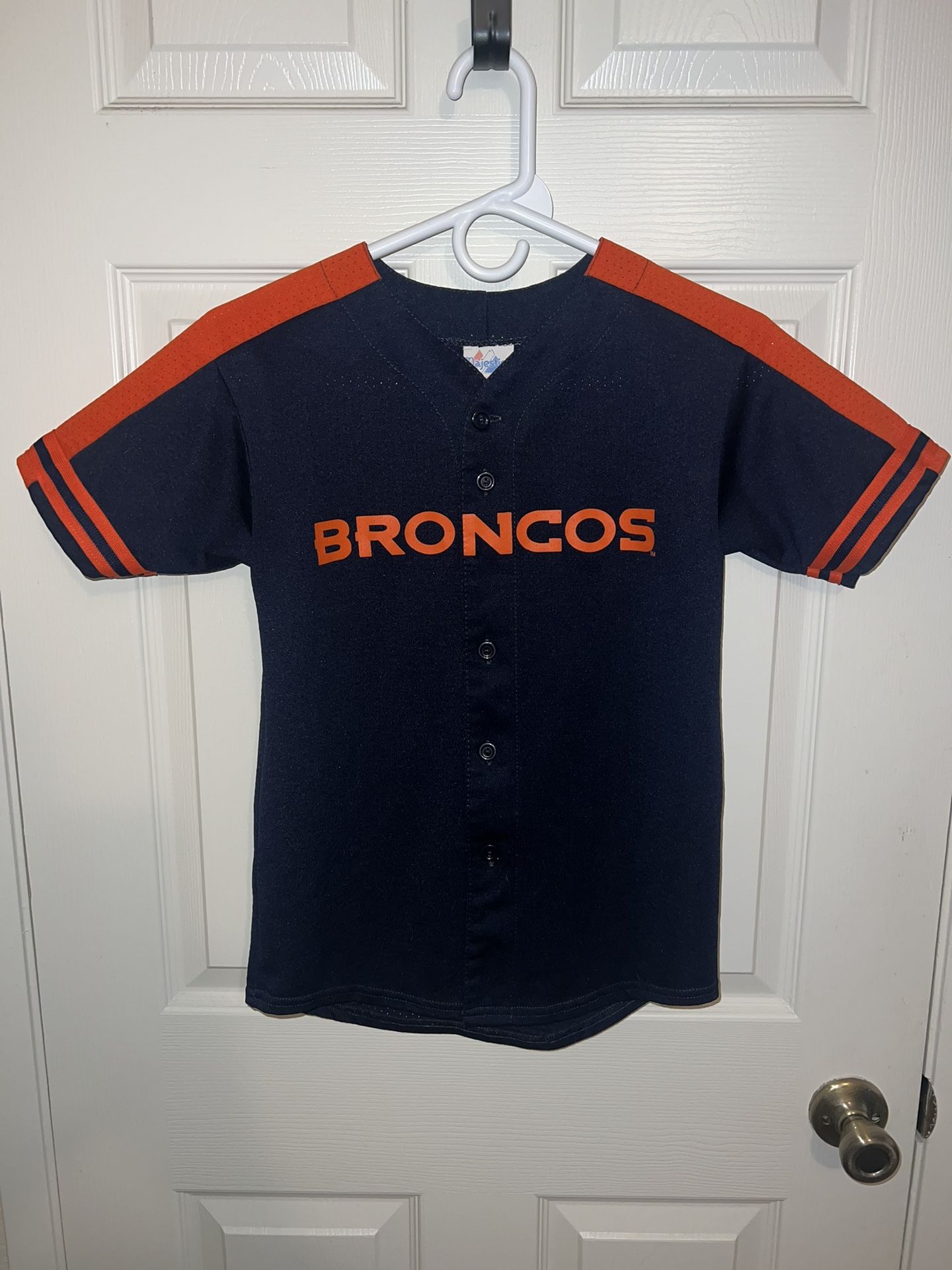 Vintage Majestic NFL Broncos Baseball Jersey Kids Medium Navy Orange Denver