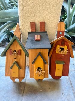Set of 3 Rustic Wooden Decorative Birdhouses - Ready to Hang!