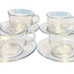 Vintage Arcoroc France MCM Set of 4 Clear 8oz. Glass Tea/Coffee Cups & Saucers
