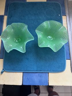 Candy Dish - Pair of Green Jadeite Glass Ruffled Fenton Bowls