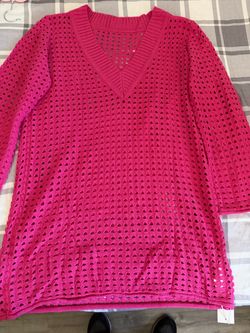 Hot Pink Open-Knit V-Neck Sweater