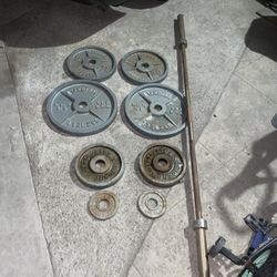 Barbell set w/ squat rack, safety bars, and safety clips 