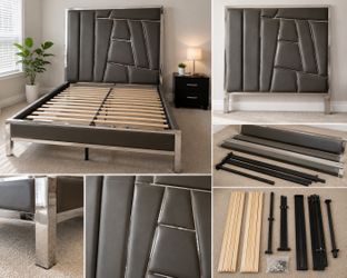 Modern Queen Platform Bed Frame – Chrome & Upholstered Headboard – Like New