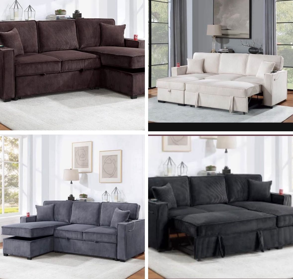 $369 Sectional Sofa Pullout Bed W/Chaise Storage Fabric Reversible 88”x57”X33”H