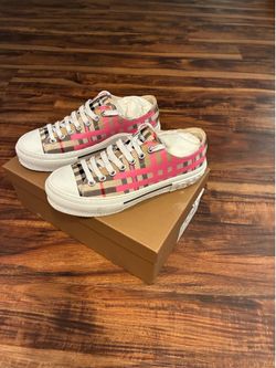 Pink and white plaid Burberry shoes