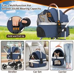 Pet Stroller 3 in 1 Folding Lightweight Dog Stroller with Detachable Carrier & Storage Basket, Premium 4 Wheels Travel Stroller for Puppies, Doggies, 