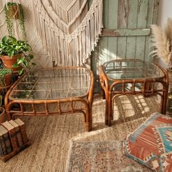 Boho Chic brown Vntg Organic Bent Rattan Bamboo coffee table duo  Modern Style