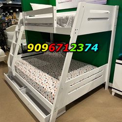 Twin/Full White Bunk bed w. Drawers & Ortho Mattresses Included 