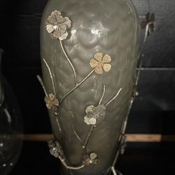 Large Glass Vase W/metal Stand