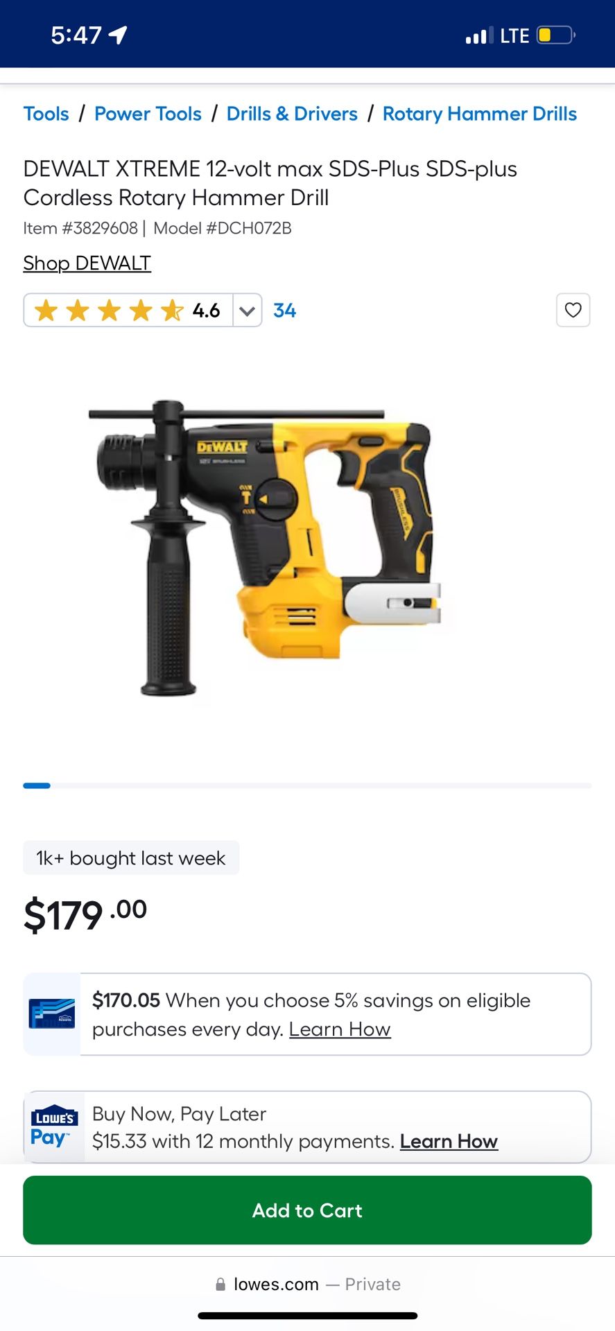 Dewalt Rotary Hammer Drill 12V